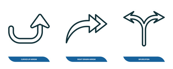Poster - set of 3 linear icons from user interface concept. outline icons such as curved up arrow, right drawn arrow, bifurcation vector