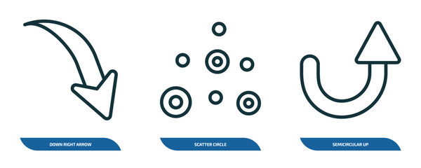 Poster - set of 3 linear icons from user interface concept. outline icons such as down right arrow, scatter circle, semicircular up arrow vector