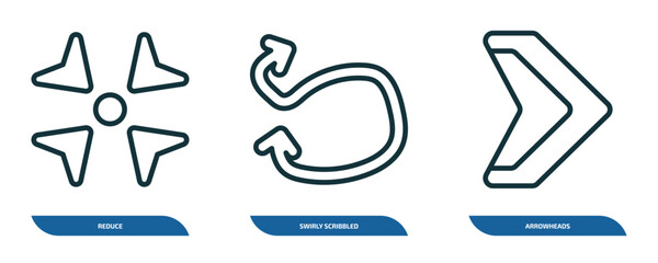 Poster - set of 3 linear icons from user interface concept. outline icons such as reduce, swirly scribbled arrow, arrowheads vector