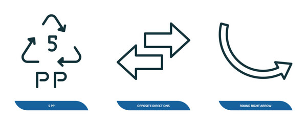 Poster - set of 3 linear icons from user interface concept. outline icons such as 5 pp, opposite directions, round right arrow vector