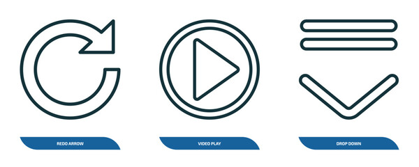 Poster - set of 3 linear icons from user interface concept. outline icons such as redo arrow, video play, drop down vector