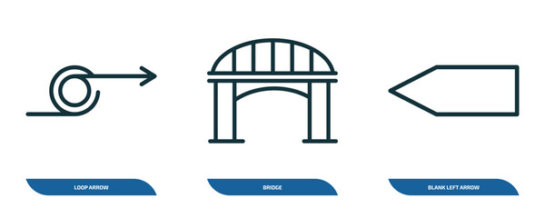 Poster - set of 3 linear icons from user interface concept. outline icons such as loop arrow, bridge, blank left arrow vector