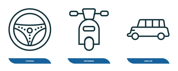 Poster - set of 3 linear icons from transport concept. outline icons such as steering, motorbike, long car vector
