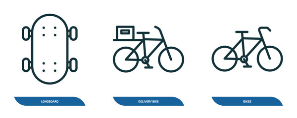 Poster - set of 3 linear icons from transport concept. outline icons such as longboard, delivery bike, bikes 