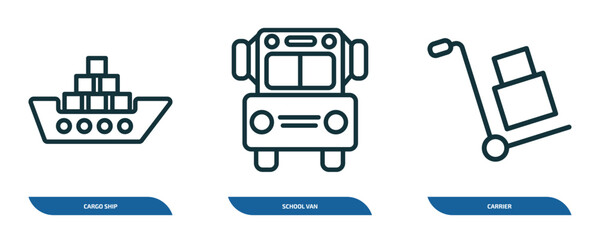 Poster - set of 3 linear icons from transport concept. outline icons such as cargo ship, school van, carrier vector