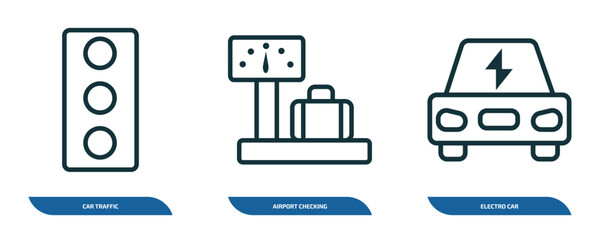 Poster - set of 3 linear icons from transportation concept. outline icons such as car traffic, airport checking, electro car vector
