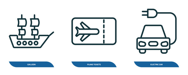 Poster - set of 3 linear icons from transportation concept. outline icons such as galleon, plane tickets, ele
