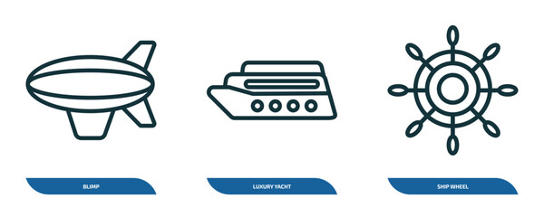 Poster - set of 3 linear icons from transport concept. outline icons such as blimp, luxury yacht, ship wheel 