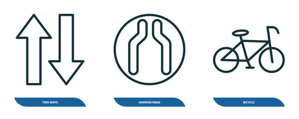 Poster - set of 3 linear icons from traffic signs concept. outline icons such as two ways, narrow road, bicycle vector
