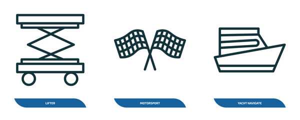 Poster - set of 3 linear icons from transport concept. outline icons such as lifter, motorsport, yacht naviga