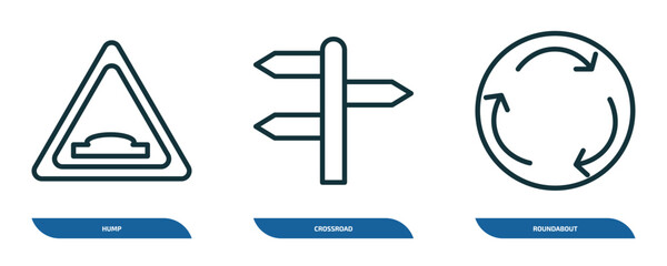 Poster - set of 3 linear icons from traffic signs concept. outline icons such as hump, crossroad, roundabout vector