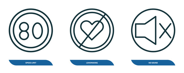 Poster - set of 3 linear icons from traffic signs concept. outline icons such as speed limit, lovemaking, no sound vector