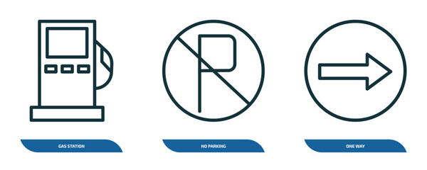 Poster - set of 3 linear icons from traffic signs concept. outline icons such as gas station, no parking, one way vector