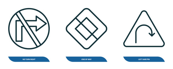 Poster - set of 3 linear icons from traffic signs concept. outline icons such as no turn right, end of way, left hair pin vector