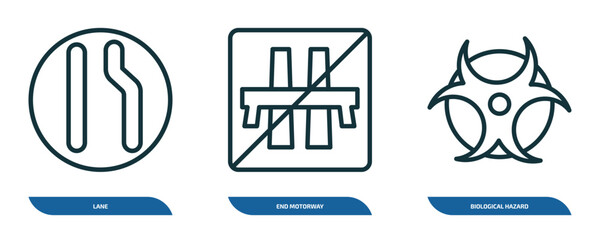 Poster - set of 3 linear icons from traffic signs concept. outline icons such as lane, end motorway, biologic