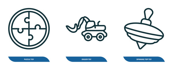 Poster - set of 3 linear icons from toys concept. outline icons such as puzzle toy, digger toy, spinning top toy vector