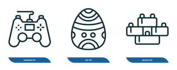 Poster - set of 3 linear icons from toys collection. thin concept. outline icons such as gamepad toy, toy toy, blocks vector