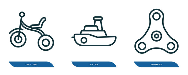  set of 3 linear icons from toys concept. outline icons such as tricycle toy, boat toy, spinner toy vector
