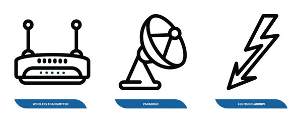 Poster - set of 3 linear icons from technology concept. outline icons such as wireless transmitter, parabolic, lightning arrow vector