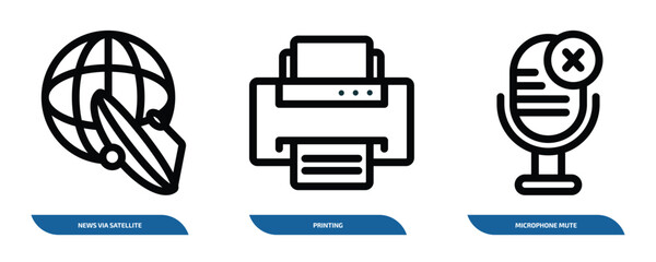 Poster - set of 3 linear icons from technology concept. outline icons such as news via satellite, printing, microphone mute vector