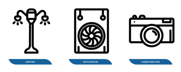 Poster - set of 3 linear icons from technology concept. outline icons such as lamp post, ventilating fan, camera front view vector
