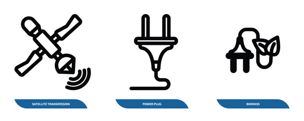 Poster - set of 3 linear icons from technology concept. outline icons such as satellite transmission, power plug, biomass vector