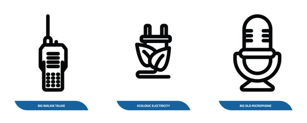 Poster - set of 3 linear icons from technology concept. outline icons such as big walkie talkie, ecologic electricity, big old microphone vector