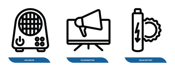 Poster - set of 3 linear icons from technology concept. outline icons such as air cooler, telemarketing, solar battery vector