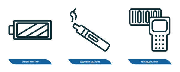 Poster - set of 3 linear icons from technology concept. outline icons such as battery with two bars, electronic cigarette, portable scanner vector