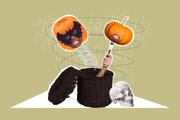 Poster - Image surreal collage of human arm hold fork eat pumpkin angry girl face haloween decor isolated on drawing background