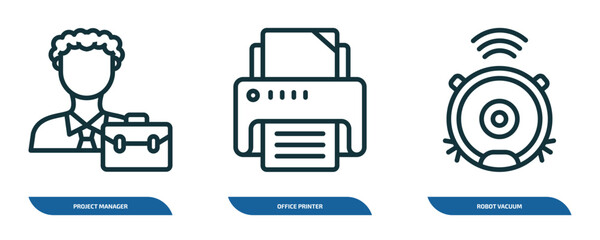 Poster - set of 3 linear icons from technology concept. outline icons such as project manager, office printer, robot vacuum vector