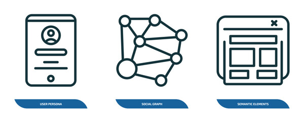 Poster - set of 3 linear icons from technology concept. outline icons such as user persona, social graph, semantic elements vector