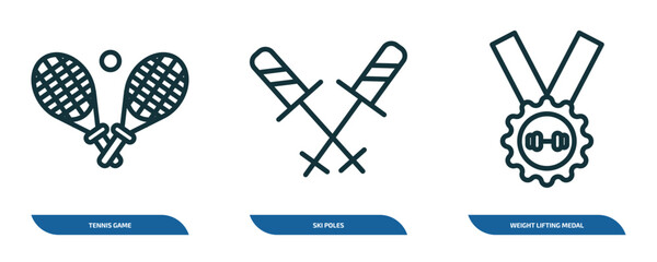 Poster - set of 3 linear icons from sports concept. outline icons such as tennis game, ski poles, weight lifting medal vector