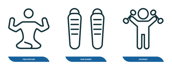 Poster - set of 3 linear icons from sports concept. outline icons such as yoga posture, shin guards, excersice vector
