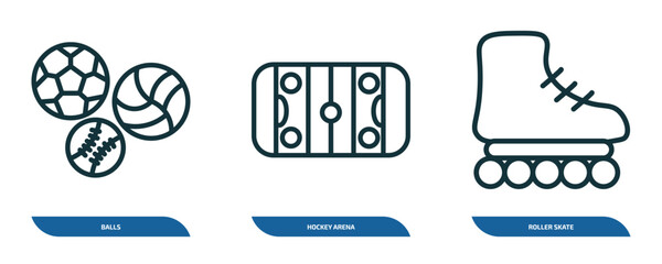 Poster - set of 3 linear icons from sports concept. outline icons such as balls, hockey arena, roller skate vector