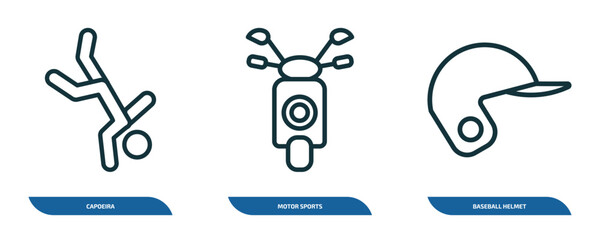 Poster - set of 3 linear icons from sports concept. outline icons such as capoeira, motor sports, baseball he