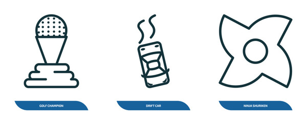 Poster - set of 3 linear icons from sports concept. outline icons such as golf champion, drift car, ninja shu