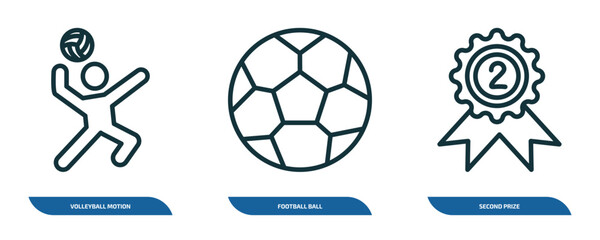 Poster - set of 3 linear icons from sports concept. outline icons such as volleyball motion, football ball, second prize vector