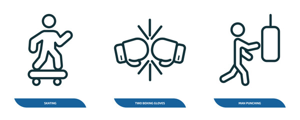 Poster - set of 3 linear icons from sports concept. outline icons such as skating, two boxing gloves, man pun