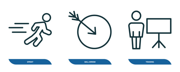 Poster - set of 3 linear icons from sport concept. outline icons such as sprint, ball arrow, training vector