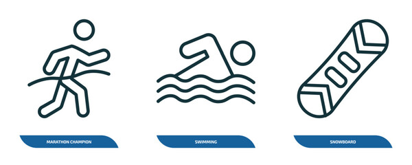 Poster - set of 3 linear icons from sport concept. outline icons such as marathon champion, swimming, snowboard vector