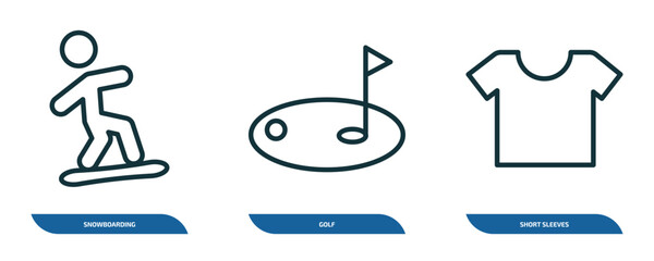Poster - set of 3 linear icons from sports concept. outline icons such as snowboarding, golf, short sleeves vector