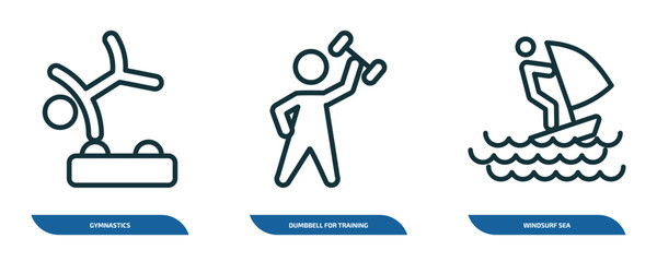 Poster - set of 3 linear icons from sports concept. outline icons such as gymnastics, dumbbell for training, windsurf sea vector