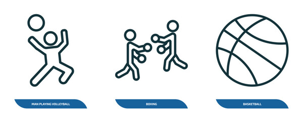 Poster - set of 3 linear icons from sport concept. outline icons such as man playing volleyball, boxing, basketball vector