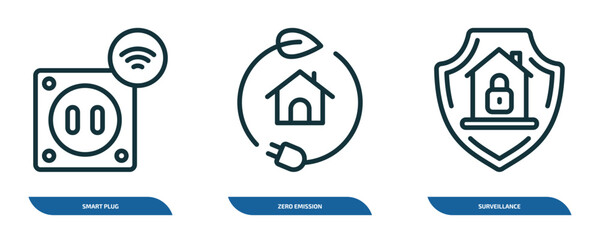 Poster - set of 3 linear icons from smart home concept. outline icons such as smart plug, zero emission, surveillance vector