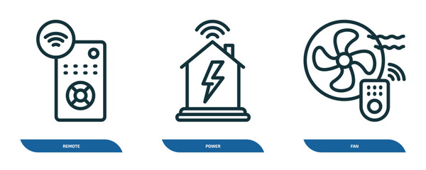 Fototapete - set of 3 linear icons from smart home concept. outline icons such as remote, power, fan vector