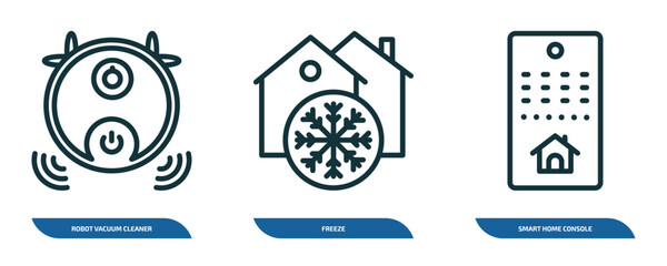 Poster - set of 3 linear icons from smart home concept. outline icons such as robot vacuum cleaner, freeze, smart home console vector