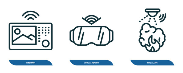 Poster - set of 3 linear icons from smart home concept. outline icons such as intercom, virtual reality, fire alarm vector