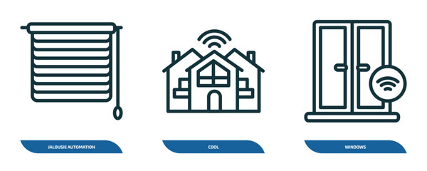 Poster - set of 3 linear icons from smart home concept. outline icons such as jalousie automation, cool, windows vector
