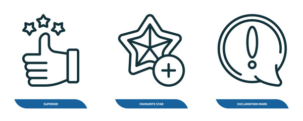 Poster - set of 3 linear icons from signs concept. outline icons such as superior, favourite star, exclamation mark vector